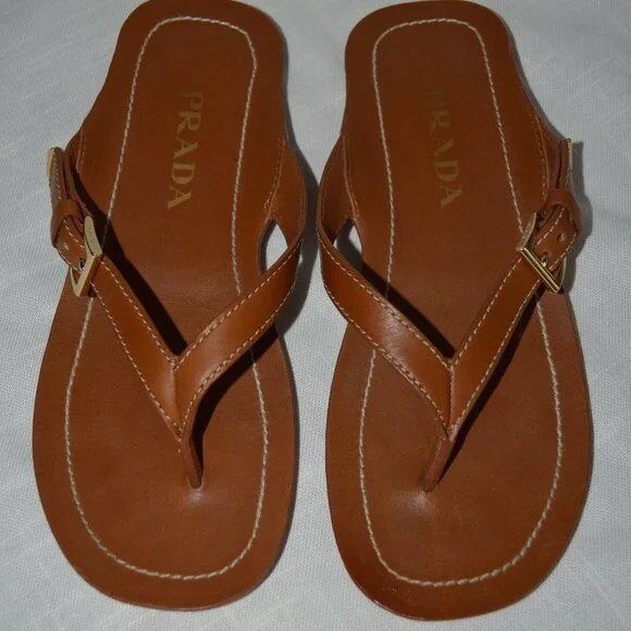 $995 Sz 37 6.5 Prada Brown Leather Calfskin Buckle Flat Thong Sandals - Picture 9 of 12